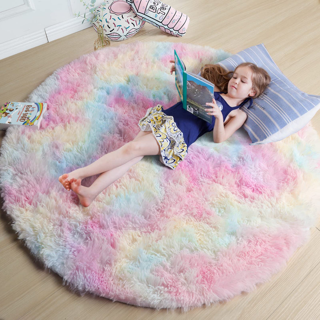 Amdrebio Rainbow Fluffy Rugs for Girls Bedroom 4ft,Unicorn Room Decor,Pastel Round Rug for Kids, Shag Carpet for Nursery, Soft Play Mat for Baby, Fuzzy Area Rug for Living Room,Plush Rug for Playroom