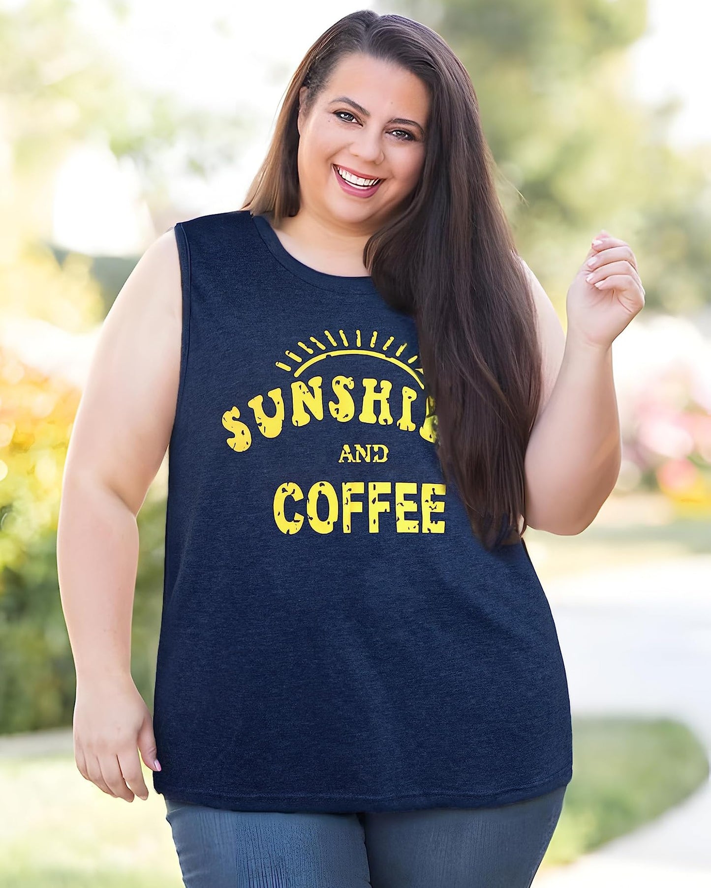 rosemia Tank Tops for Women Summer Sunshine and Coffee Graphic T-Shirts Sleeveless Casual Ladies Loose Tunic Blouse(Sunshine Deep Blue, L)