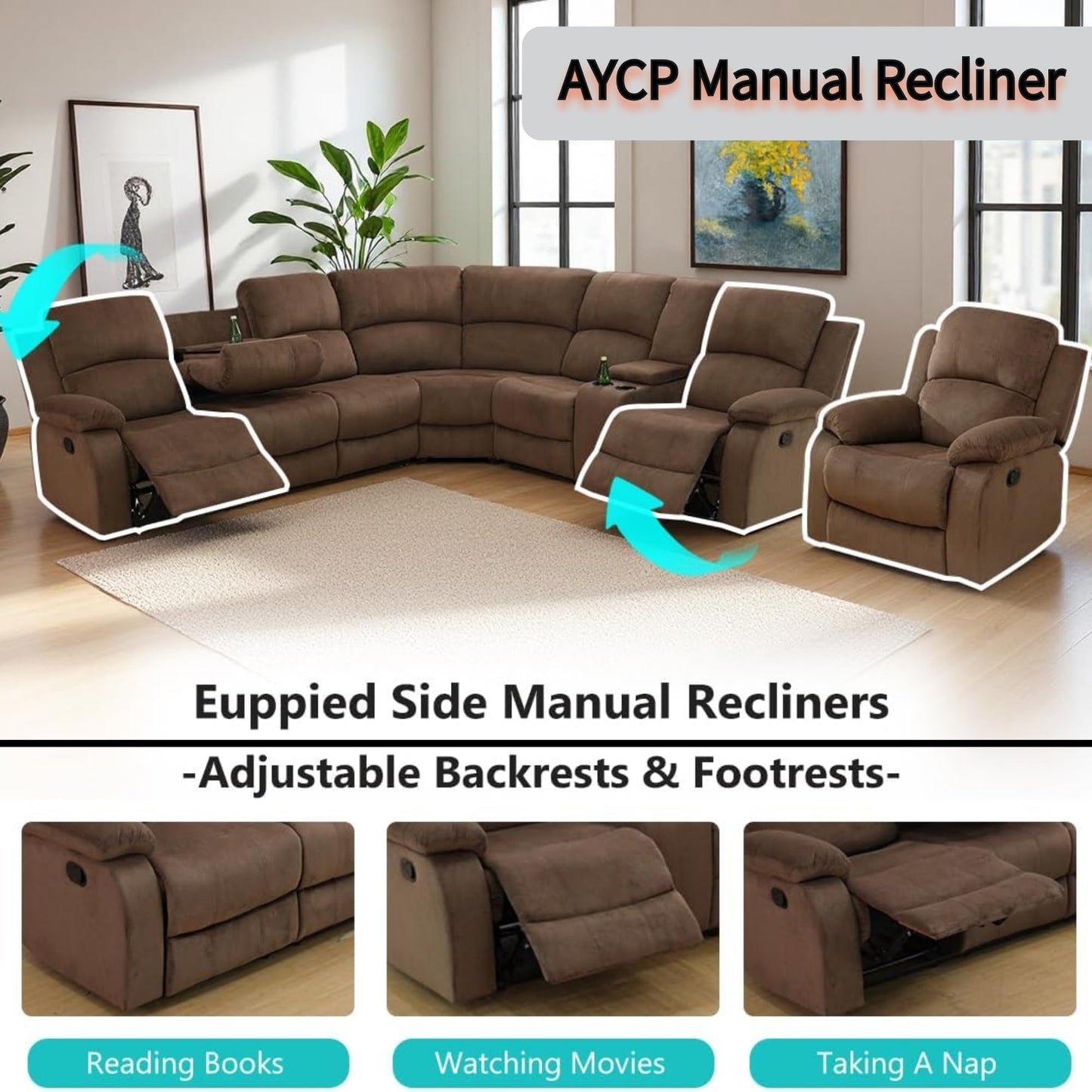Manual Reclining Sofa Set with Drop-Down Table, Corduroy Sofa Sets, Living Room Furniture Sets, Modern Manual Recliner Sofa Sets with Storage Console for Living Room (Brown, Sectional+Chair)
