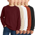 LessonZoo 5 Pack Boy's Long Sleeve Shirts, Waffle Knit Crew Neck Tops T-Shirts Basic Layer Undershirts 5-14 Years Kids(Black, Burgundy, Khaki, White, Pumpkin,11-12 Years)