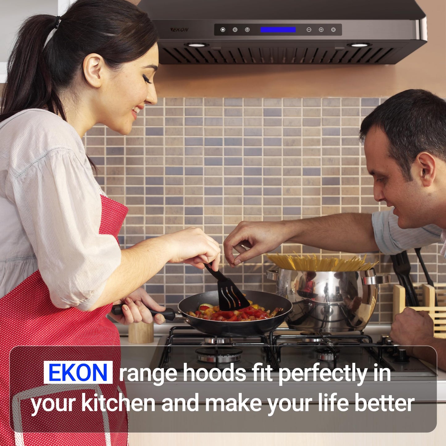 EKON 42 inches Black Under Cabinet Range Hood, 900 CFM Stainless Steel Kitchen Chimney Vent, 4 Speed Touch Screen Control With Remote 2Pcs 3W LED lights Dishwasher-safe Filters Fan Timer