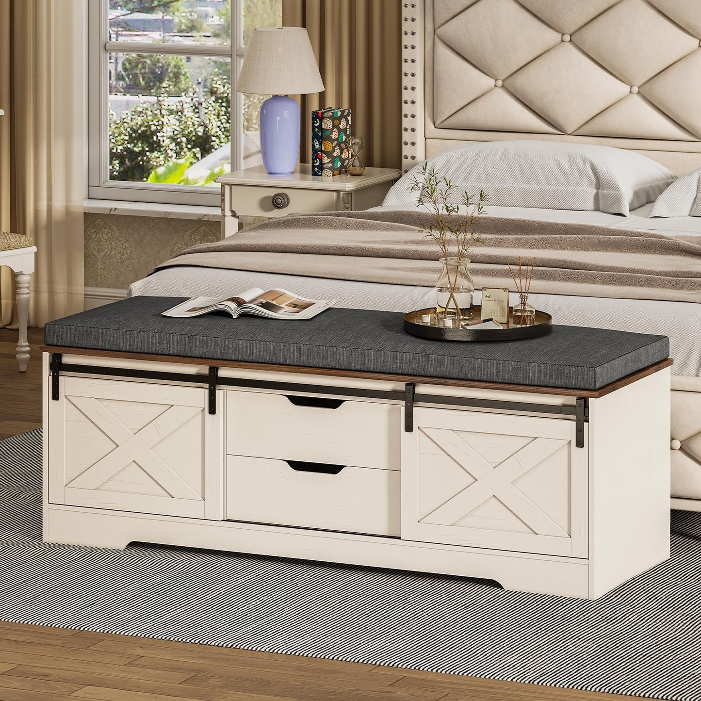 UPOSOJA 60“ Farmhouse Storage Bench with Cushion, Shoe Rack with Slide Barn Doors, Adjustable Shelf and 2 Drawer for Entry, Bedroom, Closet, Living Room, Hallway (White Brown, 60 in)