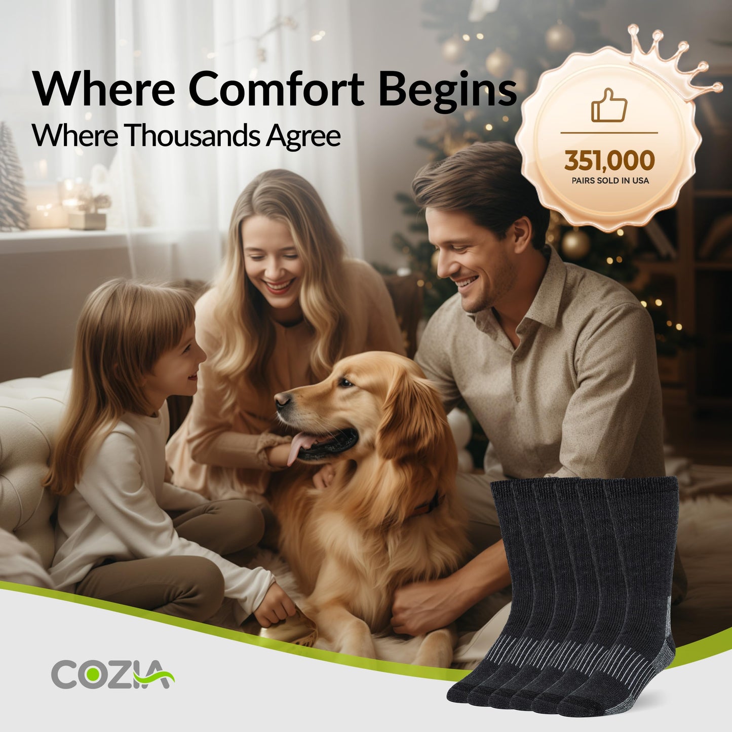 COZIA Merino Wool Socks Casual Warm Socks for Winter Cozy Boot Socks for Men & Women Black ML