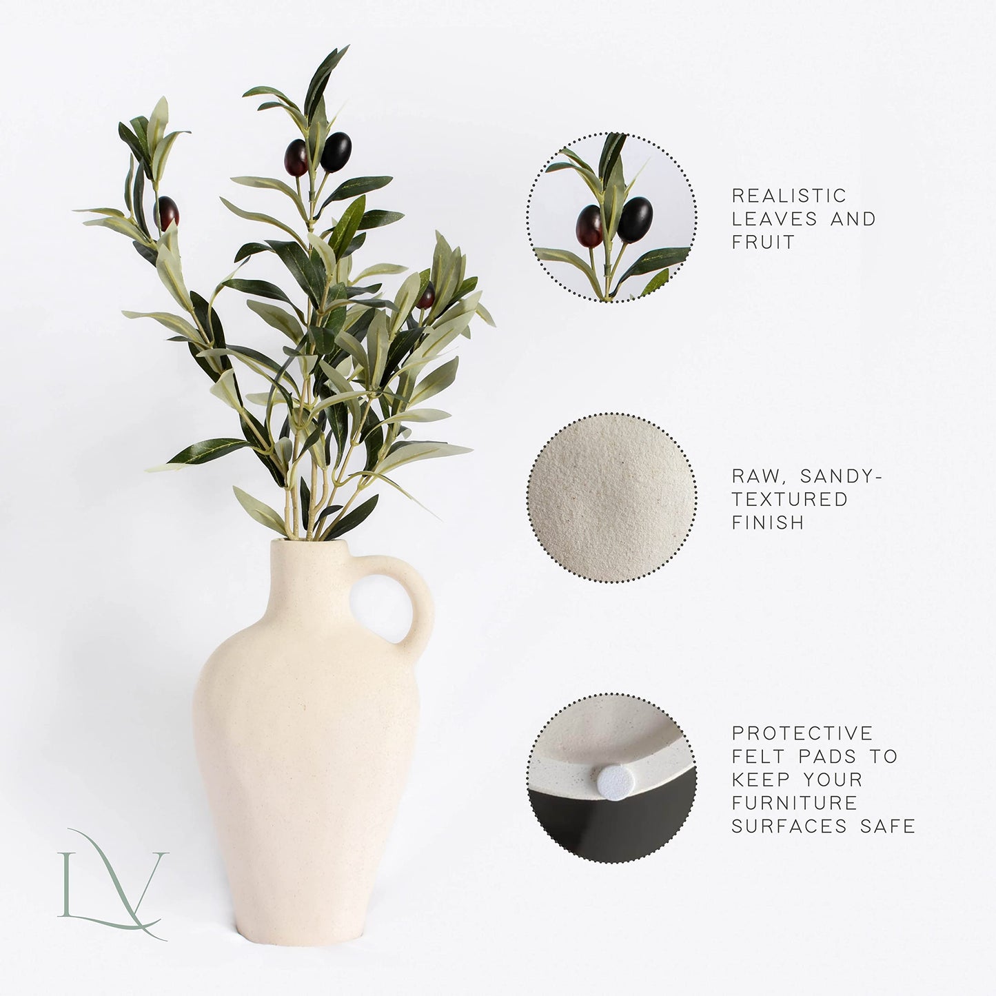 Laurel and Vine Matte Textured 10 Inch Tall White Vase Including 22 Inch Olive Branches for Vases, Medium Artificial Topiaries Fake Plants, Minimalist Shelf Decor, Neutral Home Office Desk Room Decor