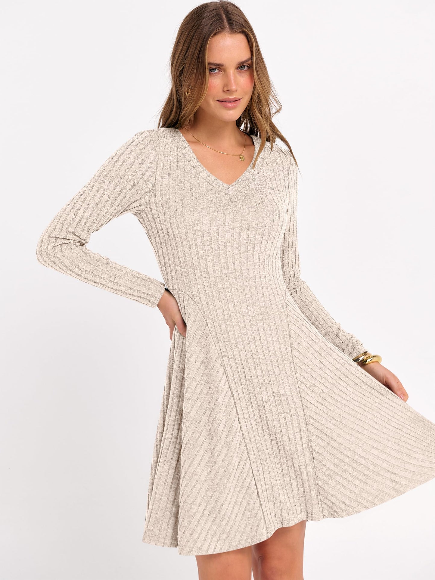 ANRABESS Women Long Sleeve Ribbed Knit Short Dresses 2025 Fall Winter V Neck Casual Swing A Line Sweater Dress Beige Large