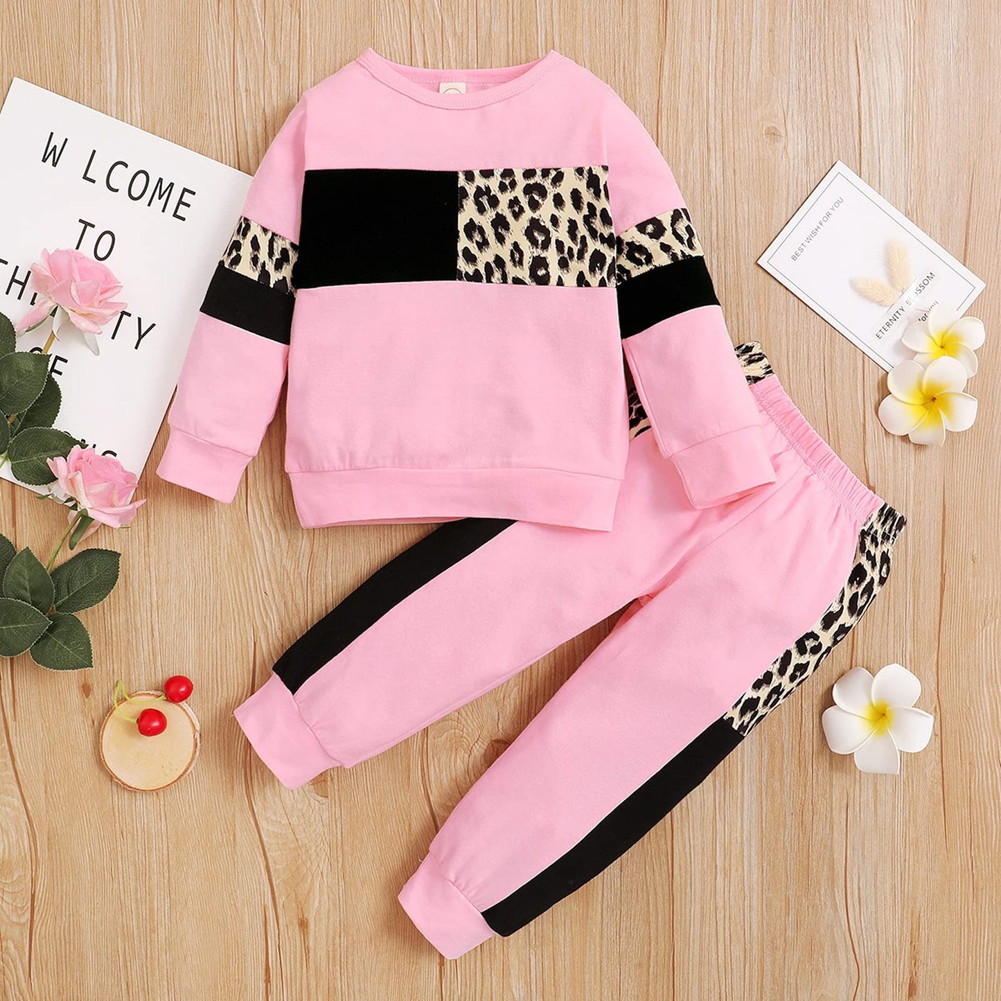 Tikoubabe Toddler Girl Clothes Baby Sweatshirt Leopard Fall Winter Outfits Long Sleeve Tops Pants Set 2 Pcs Pink 2-3 Years 100CM