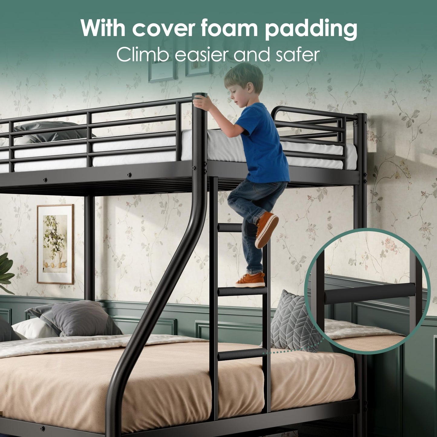 Cyranture Twin XL Over Queen Bunk Bed Size, Heavy Duty Bunk Beds with Bottom Space & Guardrail Metal Bunk Bed Frame for Adults Dorm Bedroom Guest Room, No Box Spring Needed（Black）