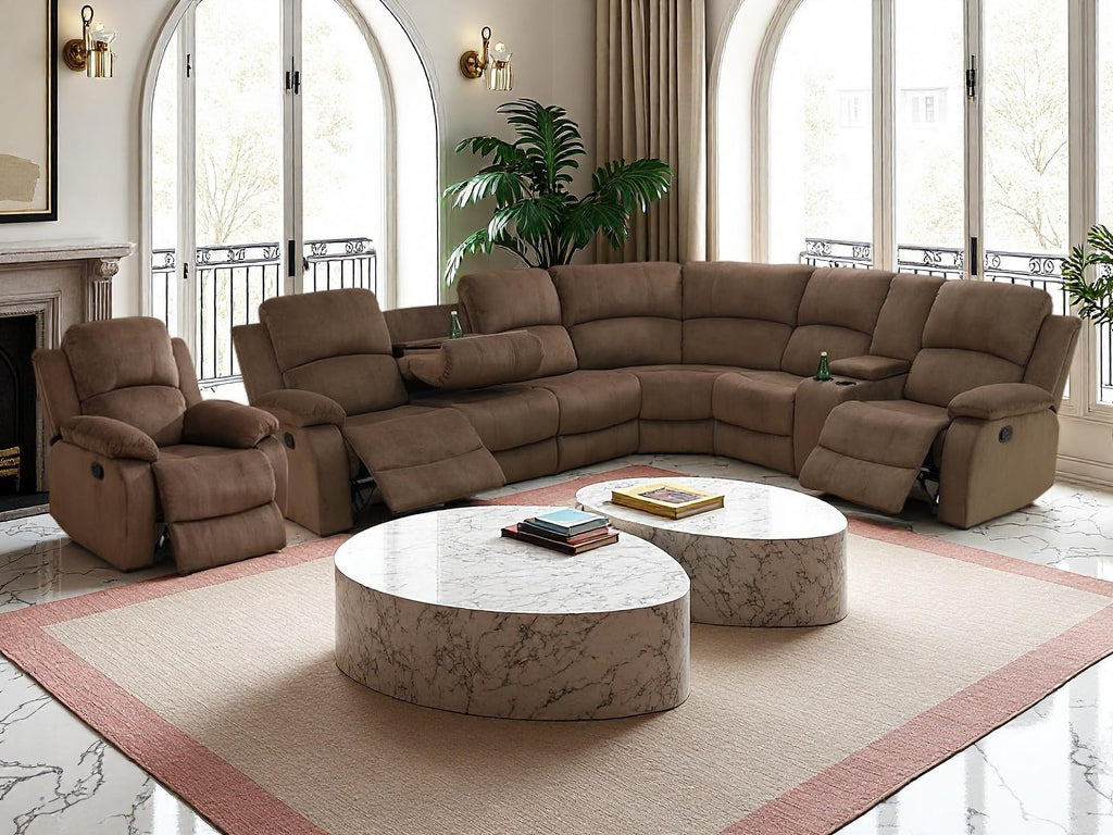 Manual Reclining Sofa Set with Drop-Down Table, Corduroy Sofa Sets, Living Room Furniture Sets, Modern Manual Recliner Sofa Sets with Storage Console for Living Room (Brown, Sectional+Chair)