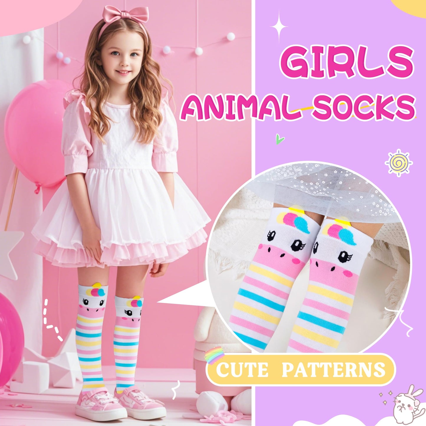 Eocom Girls Knee High Socks Kids Crazy Fun Gift Silly Tall Boot Cute Animal Cotton Long Socks 6 Pairs(Pink Purple Animal, 3-12 Years)