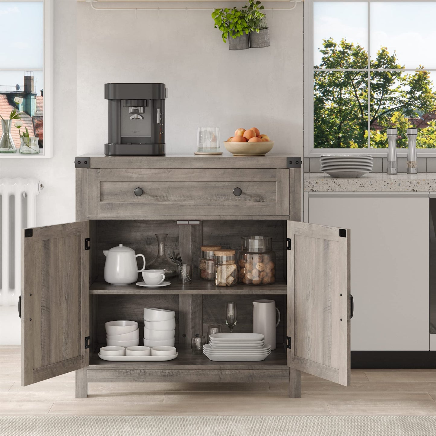 HOSTACK Coffee Bar Cabinet, Kitchen Storage Cabinet, Modern Farmhouse Buffet Sideboard with Drawer and Adjustable Shelf, Barn Door Accent Cabinets for Kitchen, Dining Room, Entryway, Ash Grey