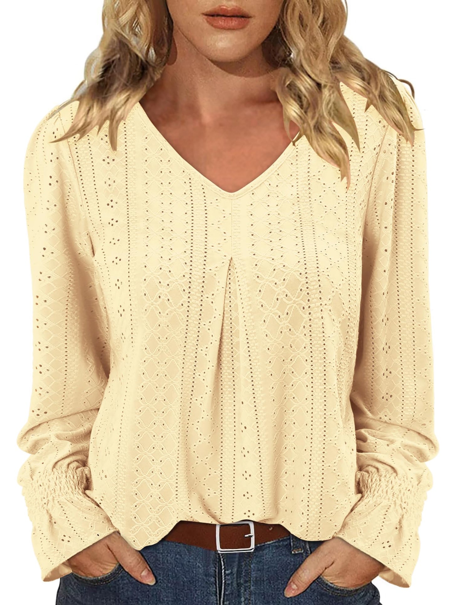 KISSMODA Blouses For Women Business Casual Work Tops Womens Shirts Dressy Casual Plus Size Blouses Wrinkle Free Travel Clothes Tunic Shirts Puff Sleeve Blouse Light Yellow L