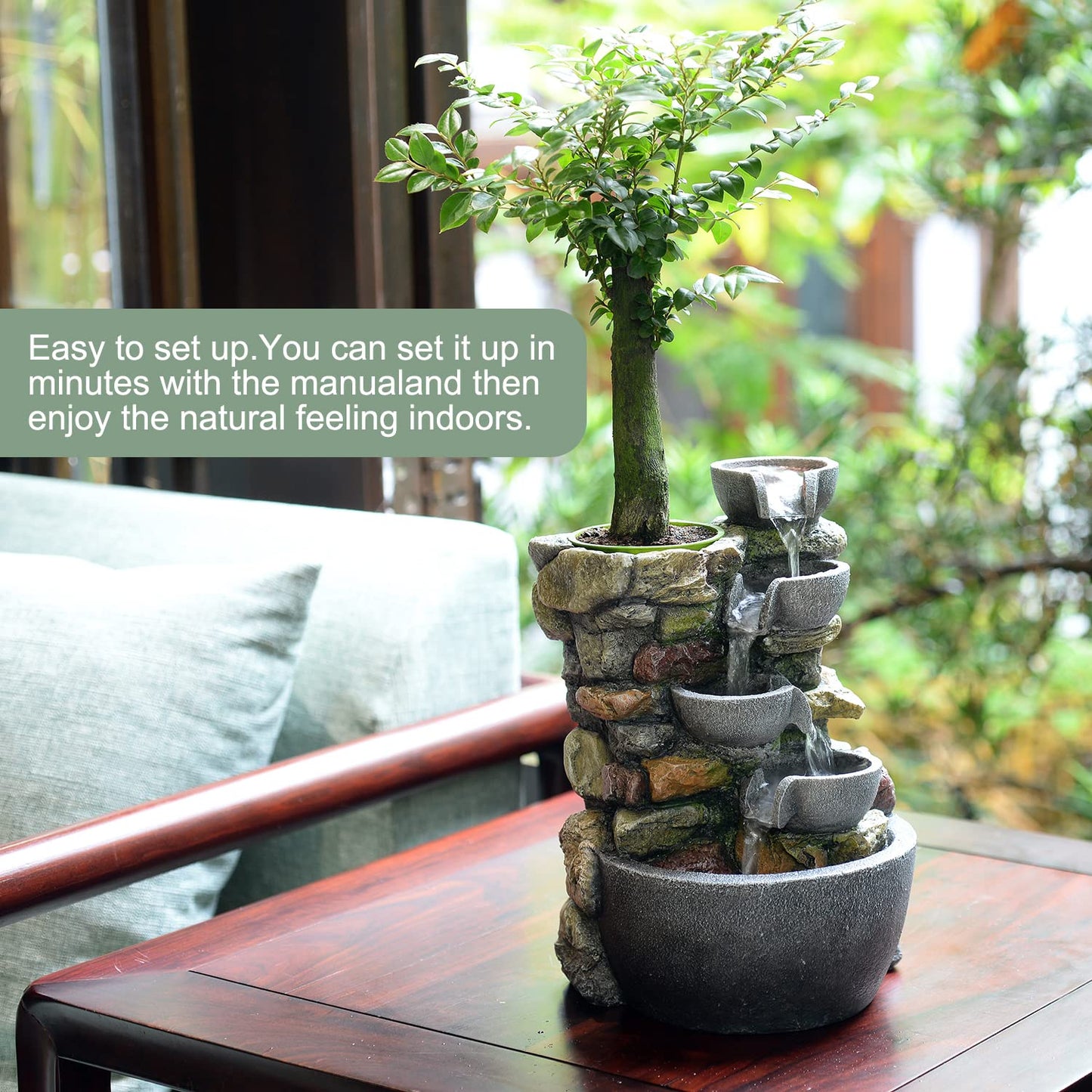 Haobos Indoor Fountain 4-Bowl Rockery Soothing Sound Tabletop Fountains Home/Office Decor Gift for Mom with A Small Plastic Pot to Grow Plant/Hebs by Yourself (Automatic Watering for Tanks/Aquarium)