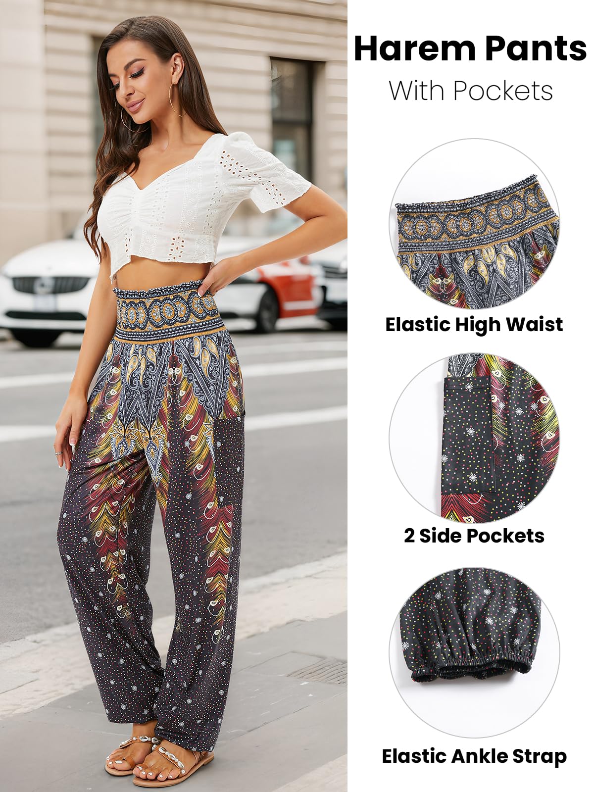 QIANXIZHAN Women's Harem Pants, High Waist Yoga Boho Trousers with Pockets Black Flower M