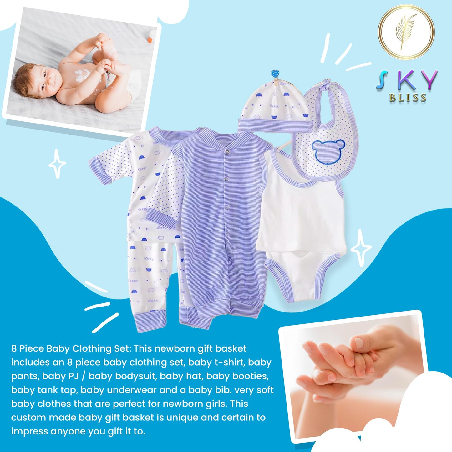 Sky Bliss 20 Piece Baby Gift Set (Blue), Newborn Baby Gift Set, Baby Clothes, Teddy Bear, Pacifier, Baby Grooming kit, Gifts for a New Baby Boy, Baby Boy Newborn Essentials