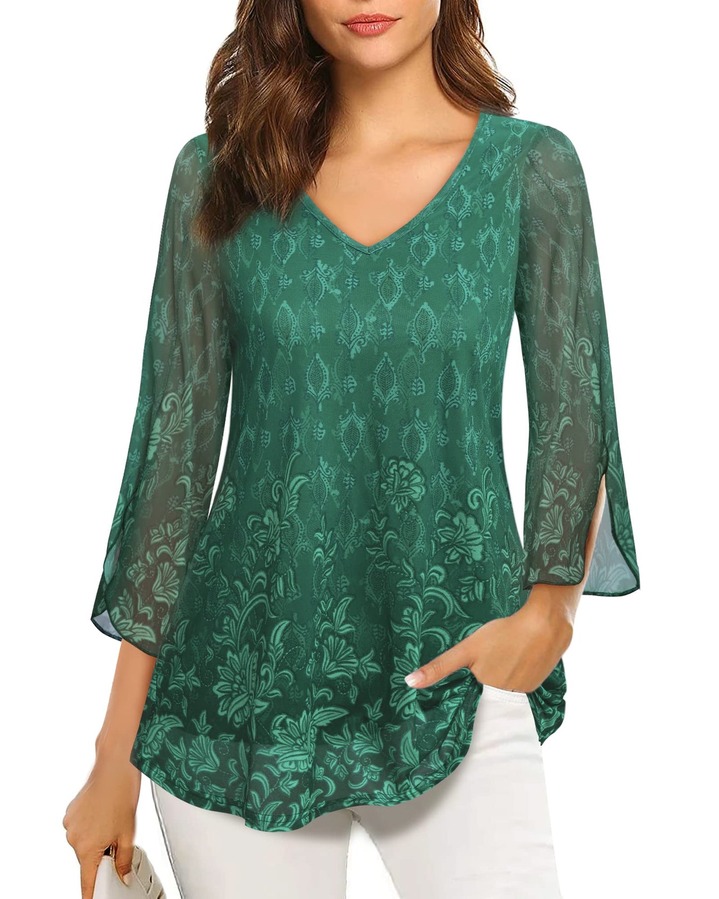Bebonnie Dressy Tops for Evening Wear & Work - 3/4 Bell Sleeve Business Casual Outfits, Sheer Blouses & Tunic Tops for Leggings - Multi Green L