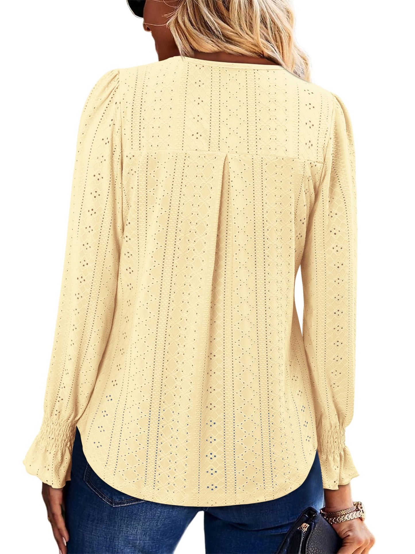 KISSMODA Blouses For Women Business Casual Work Tops Womens Shirts Dressy Casual Plus Size Blouses Wrinkle Free Travel Clothes Tunic Shirts Puff Sleeve Blouse Light Yellow L