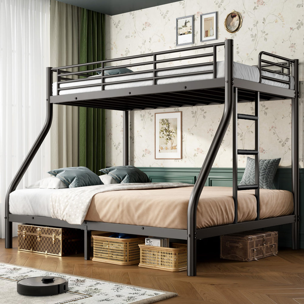 Cyranture Twin XL Over Queen Bunk Bed Size, Heavy Duty Bunk Beds with Bottom Space & Guardrail Metal Bunk Bed Frame for Adults Dorm Bedroom Guest Room, No Box Spring Needed（Black）