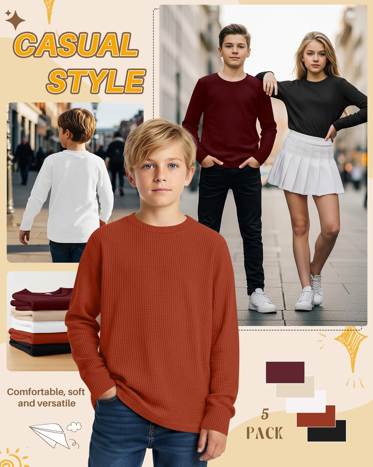 LessonZoo 5 Pack Boy's Long Sleeve Shirts, Waffle Knit Crew Neck Tops T-Shirts Basic Layer Undershirts 5-14 Years Kids(Black, Burgundy, Khaki, White, Pumpkin,11-12 Years)