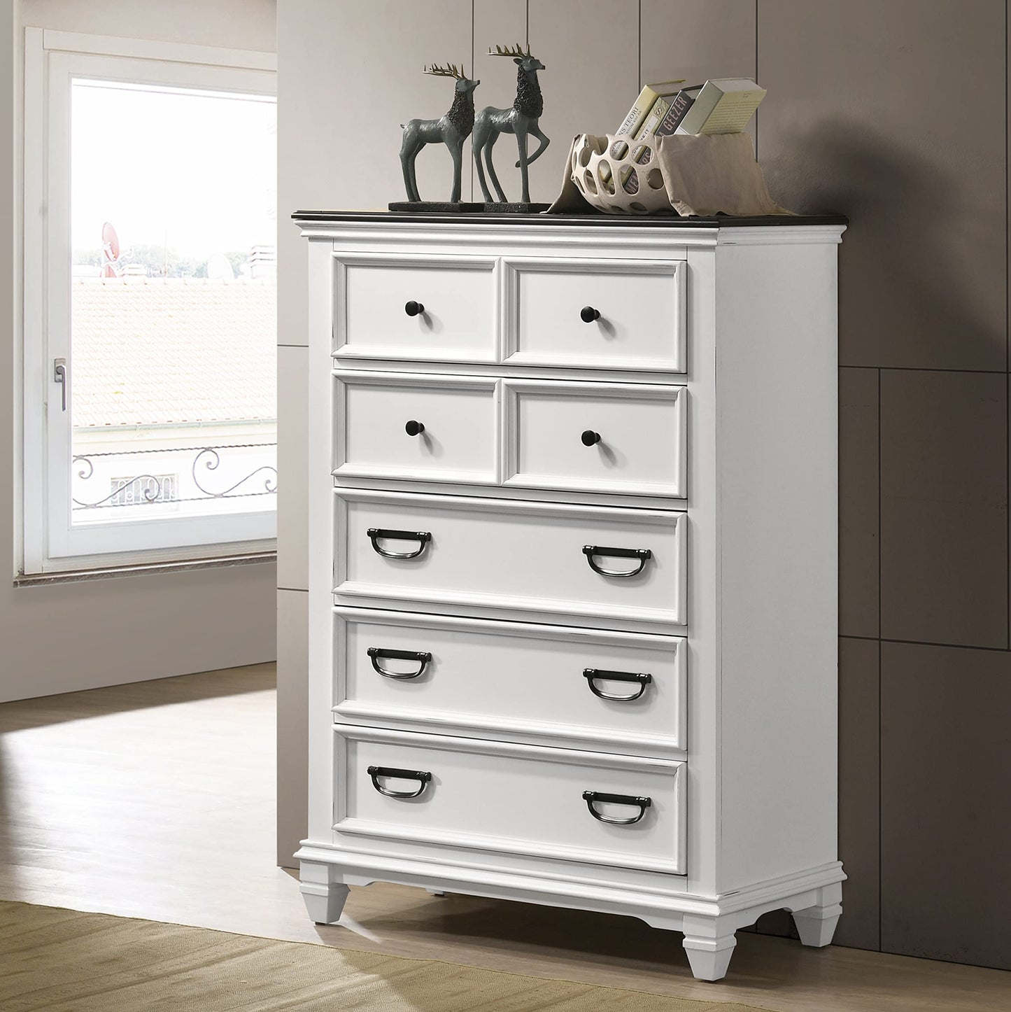 Clelane Wood Bedroom Set with Shiplap Panel King Bed, Dresser, Mirror, Two Nightstands, and Chest in Weathered White and Dark Gray
