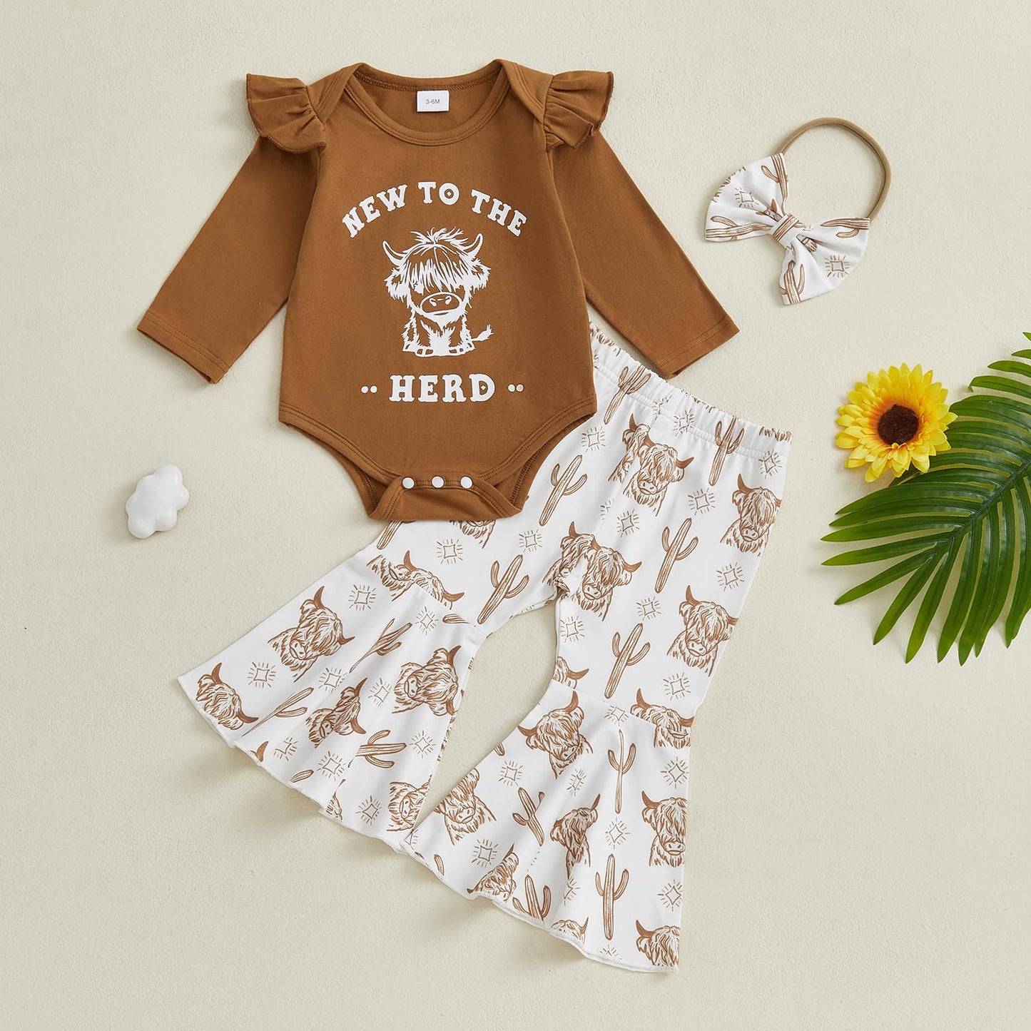 Summffie Western Baby Girl Fall Clothes Cute Cow Print Long Sleeve Romper Bell Bottom Flared Pants Set Newborn Cowgirl Outfit (New To The Herd Brown, 0-3 Months)
