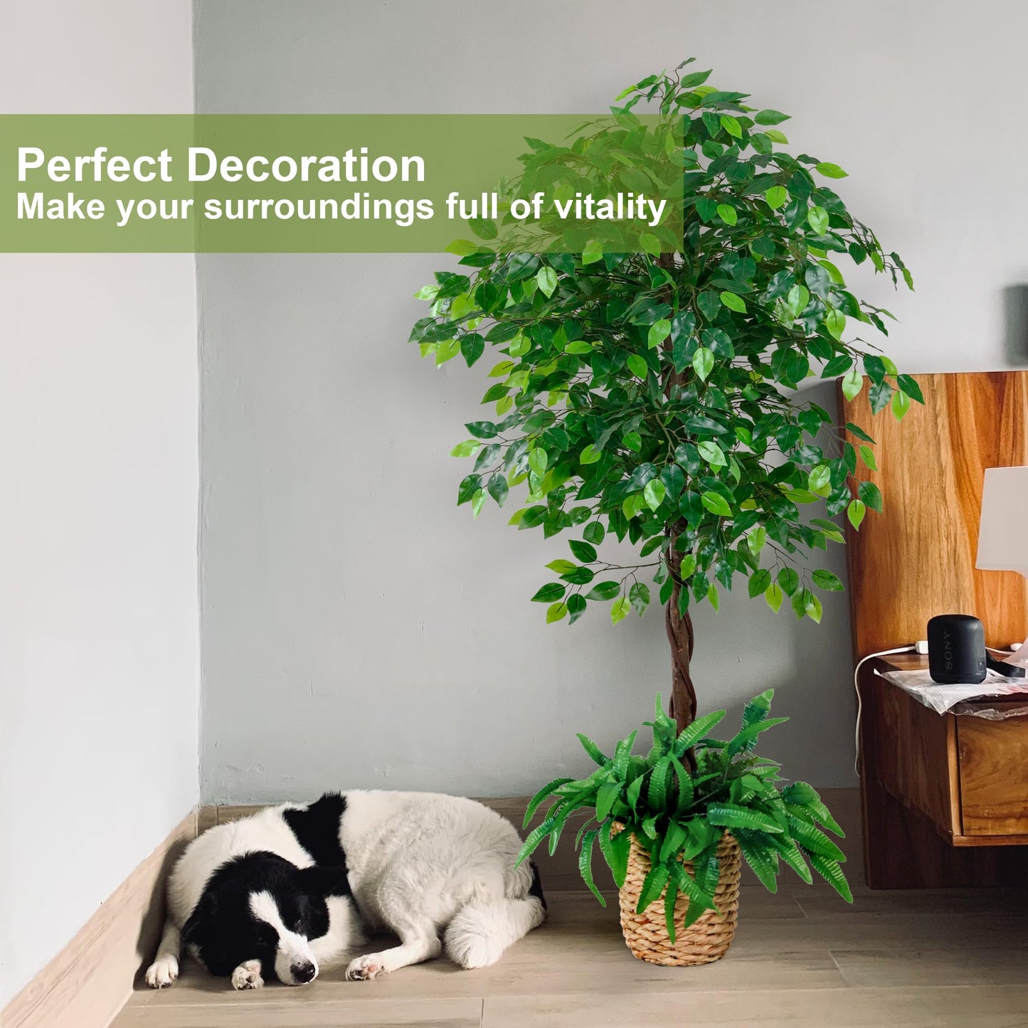 KOL 6ft Artificial Ficus Plants with 10’’ Hand-Woven Flower Basket, Realistic Fake Fiddle Leaf Fig Tree,70in Faux Silk Plant, Lyrata Plant Greenery,1826 Leaves,Indoor Outdoor Office Decor