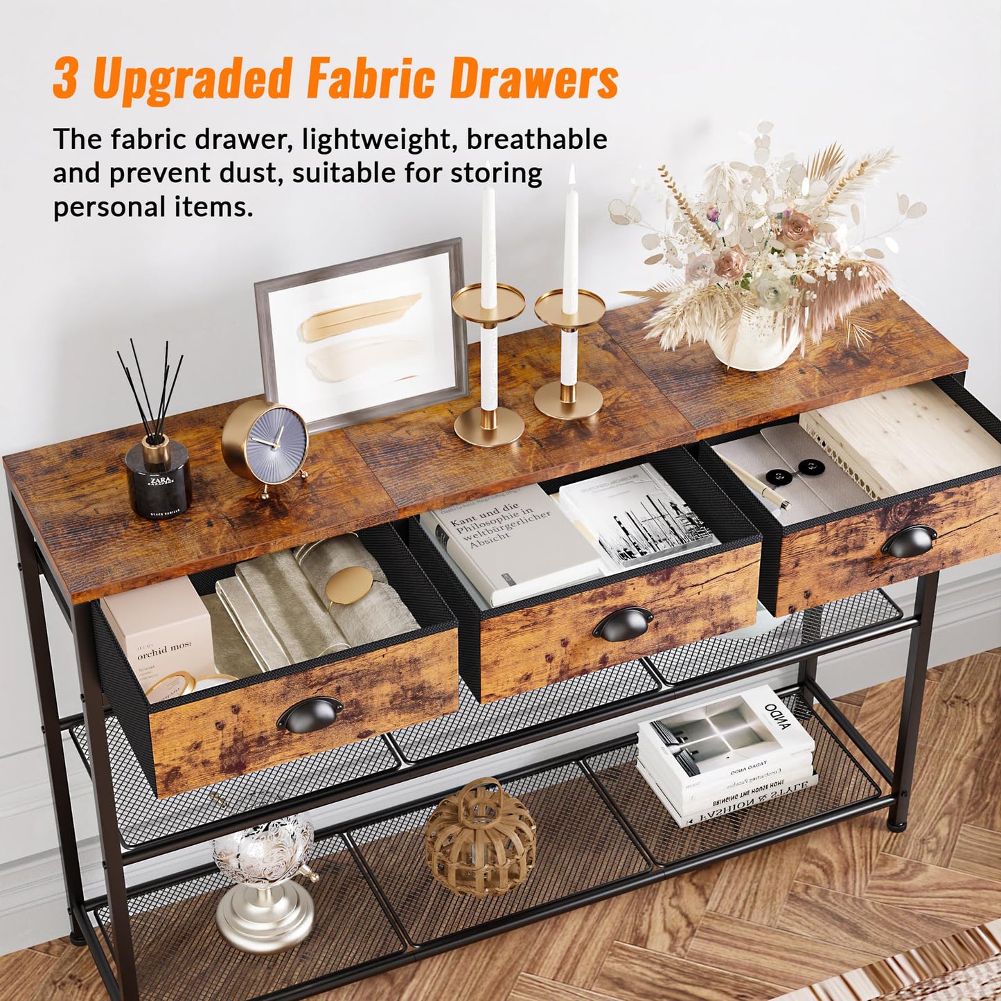 Furologee Entryway Table, 38'' Console Sofa Table with 3 Fabric Drawers, Industrial Entry Way Table with Storage Shelves, Display Shelf for Living Room, Hallway, Entrance, Foyer, Rustic Brown