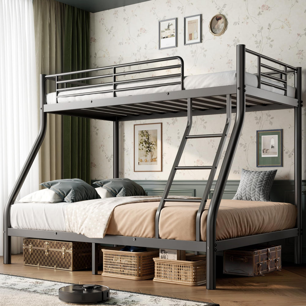 Cyranture Bunk Beds Twin Over Full Size, Heavy Duty Bunk Beds with Bottom Space & Guardrail Metal Bunk Bed Frame for Adults Dorm Bedroom Guest Room, No Box Spring Needed（Upgrate Black）
