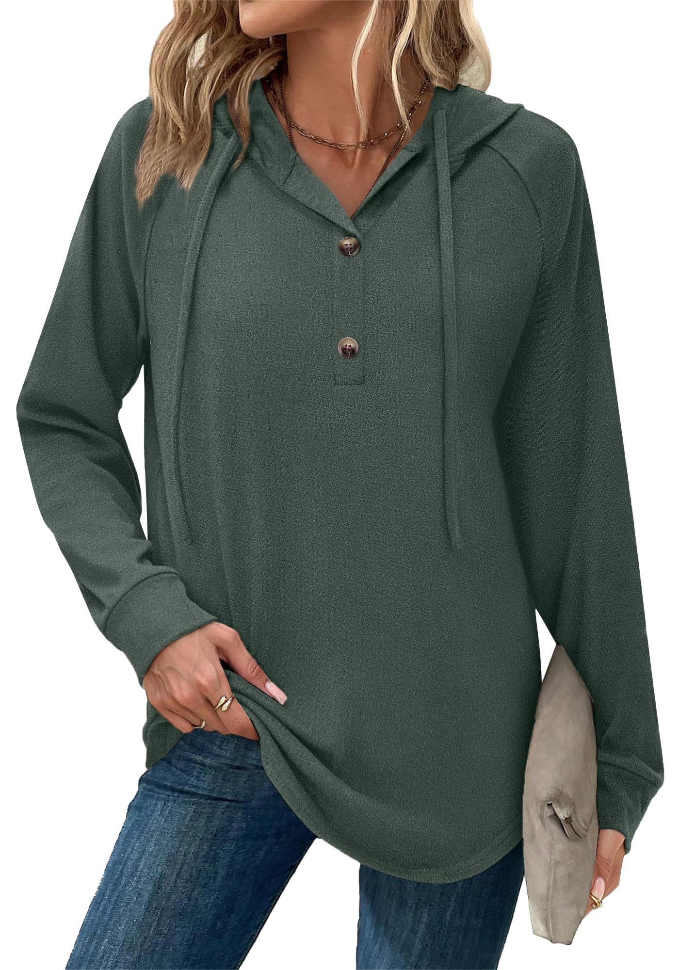 Hoodies for Women Long Sleeve Shirts Fall Fashion V Neck Sweatshirts with Buttons Casual Trendy Pullover Tops Dark Green