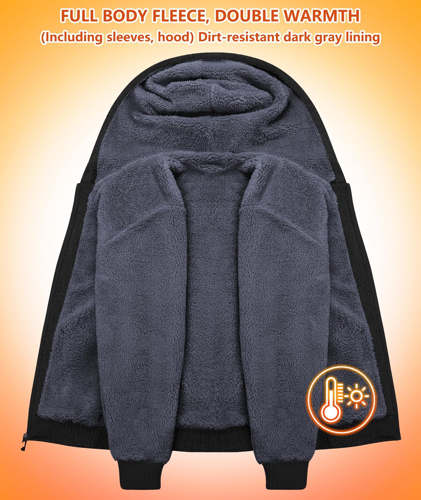 GEEK LIGHTING Men’s Fleece-Lined Zip Up Hoodie, Thick Hooded Jacket Winter Warm Athletic Sweatshirt, Pure black L