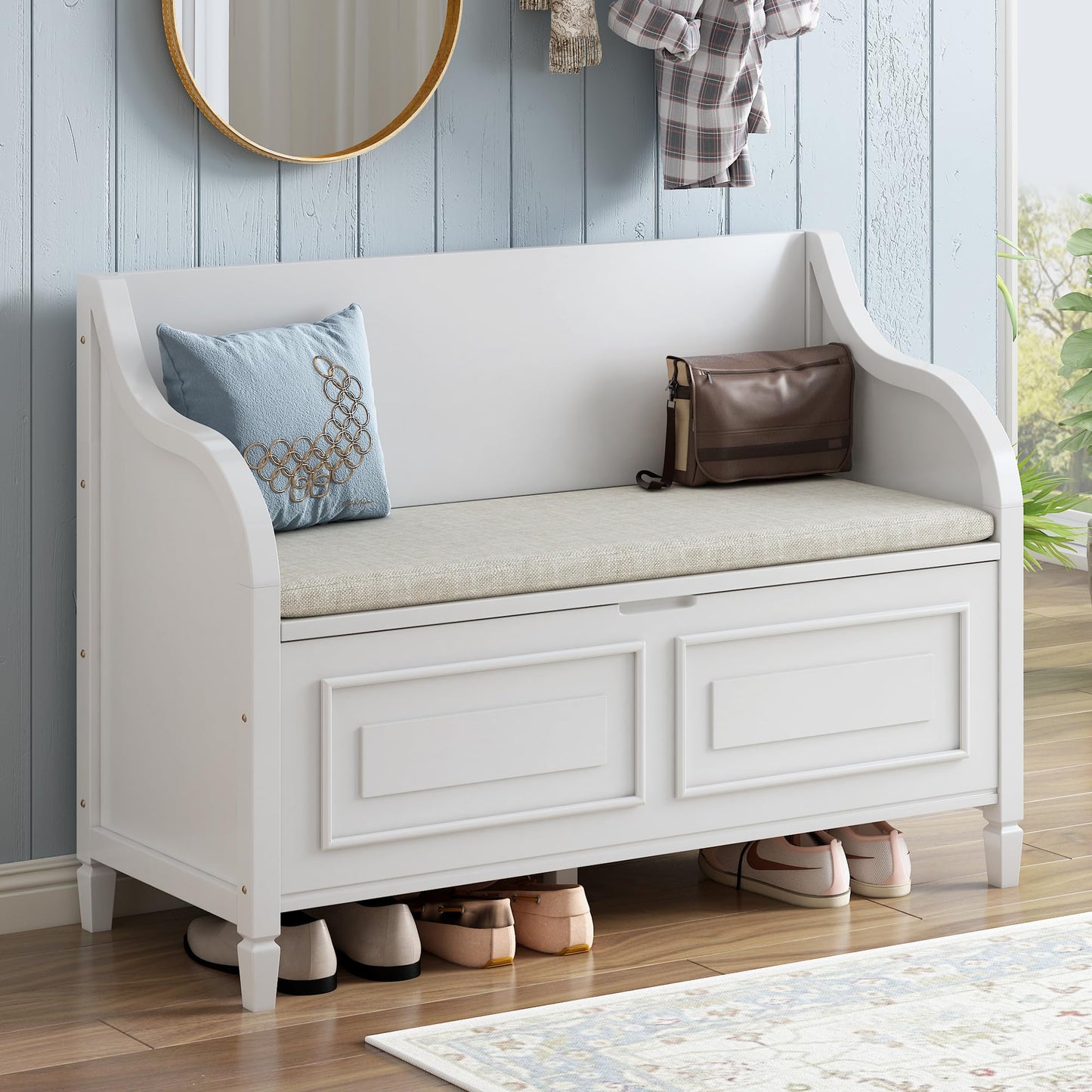 Aisurun 42" Rustic Storage Bench Entryway Bench Shoe Cabinet Ottoman with Safety Hinge, Removable Seat Cushion & Hidden Storage Space for Hallway Entryway Living Room Mudroom End of Bed (White)