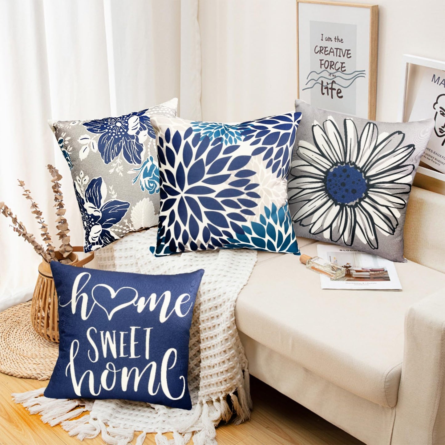 RYSMIYOU Decorative Throw Pillow Covers Set of 4 Blue Pillow Covers 18x18 inch Throw Pillow Cases Linen Square Pillow Case,Farmhouse Outdoor Modern Boho Pillow Covers for Couch Sofa Living Room