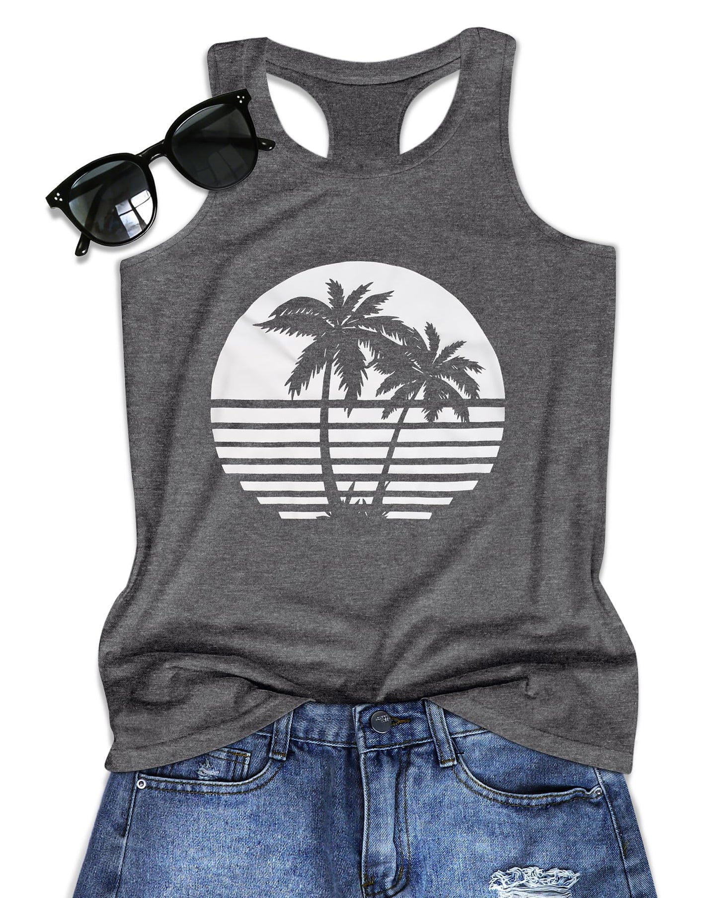 JILUVIN Tank Tops for Women Racerback Summer Sleeveless Casual Graphic Basic Top Shirts, Black Coconut Trees, L