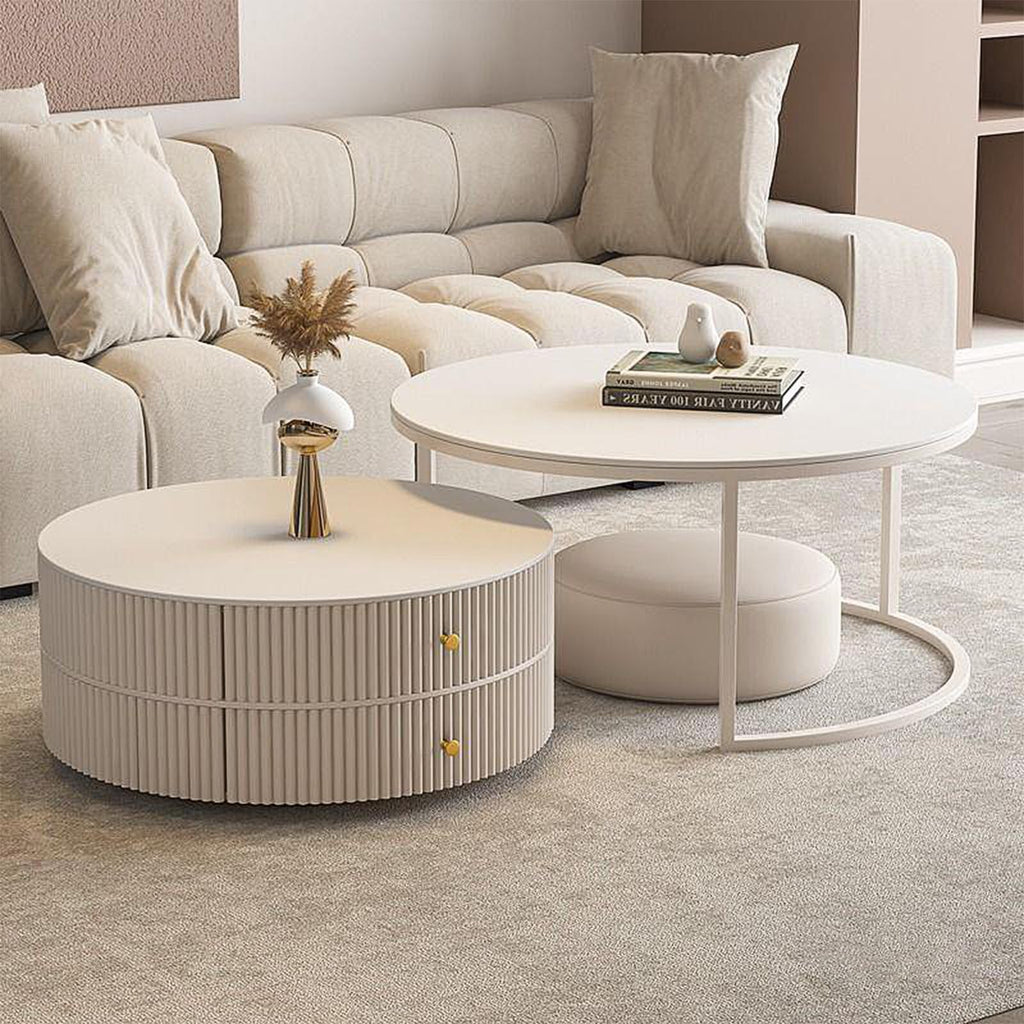 Kadaligh Nesting Coffee Table Set of 2 with Leather Stool - Ivory Wood Circle Embossed Design Coffee Table with 2 Drawers - Round Table with Baking Paint Frame