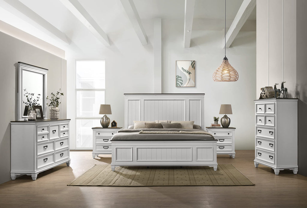 Clelane Wood Bedroom Set with Shiplap Panel King Bed, Dresser, Mirror, Two Nightstands, and Chest in Weathered White and Dark Gray