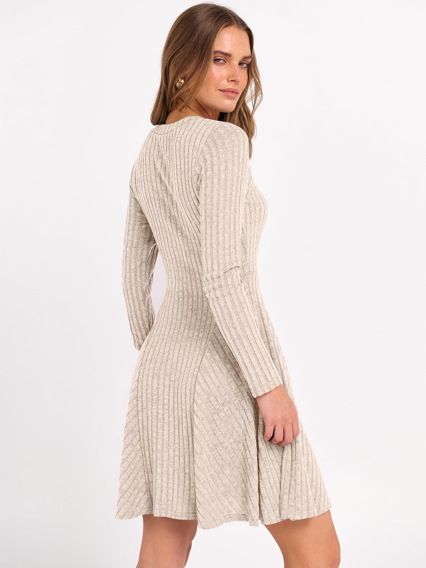 ANRABESS Women Long Sleeve Ribbed Knit Short Dresses 2025 Fall Winter V Neck Casual Swing A Line Sweater Dress Beige Large