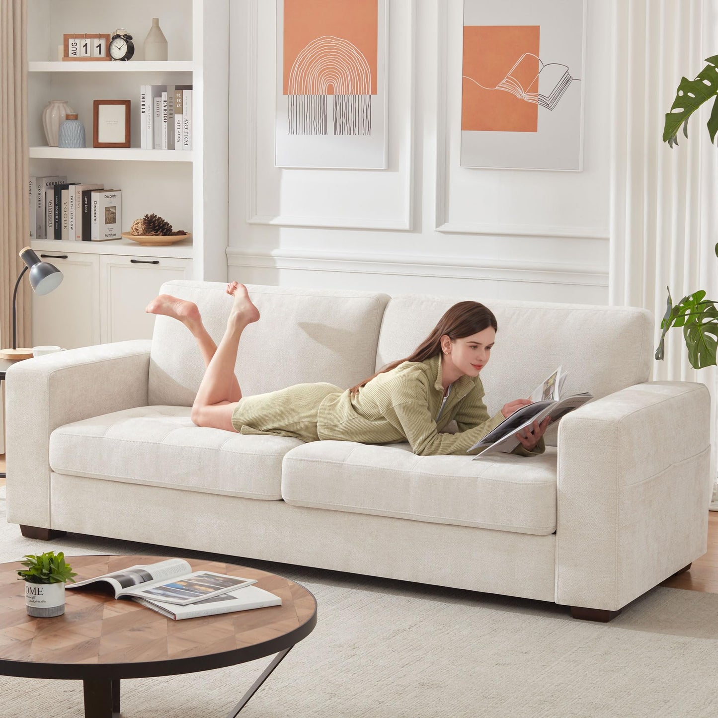 Ihanherry 89" Modern Sofas 3-Seats Couches for Living Room, Chenille Sofas with Extra Large Seat Width & Depth, USB/Type-C Charging Port & Side Pocket, Removable Medium Firm Sofa Cushion(Beige)