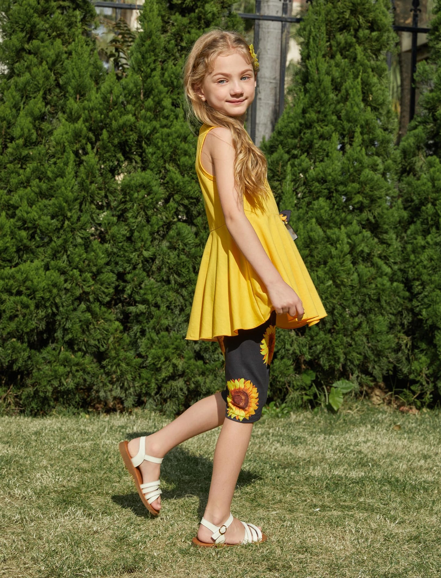 PATPAT Little Girls Clothes Yellow Sunflower Pleated Hem Design Sleeveless Dress Top and Allover Floral Print Short Set Girls Outfits 3T 4T
