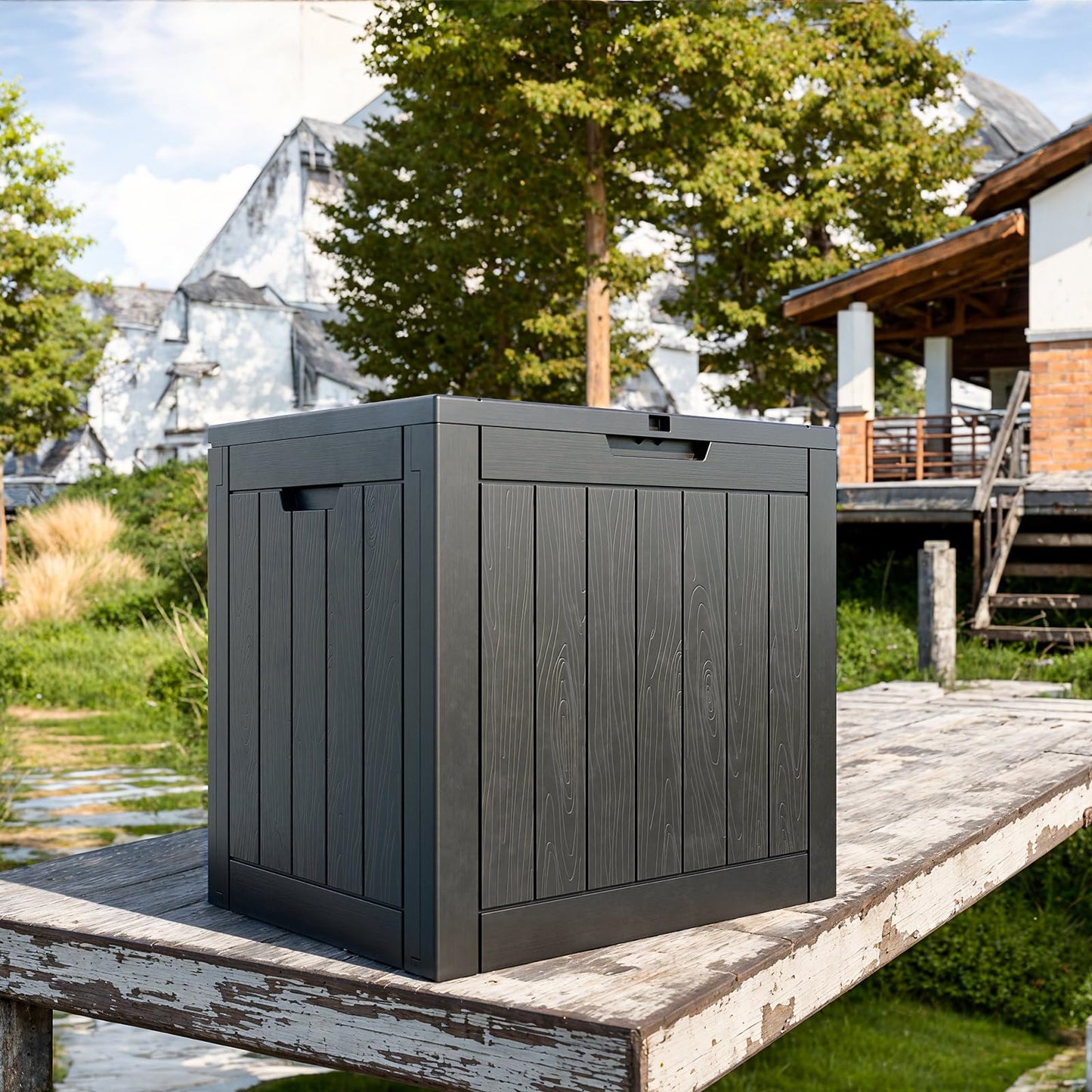 MAIUSCOLI 30 Gallon Outdoor Deck Box,Storage Lockable Waterproof Patio Furniture,Garden Tools,Cushions,Pool Accessories Outside Storage Resin Box(Black)