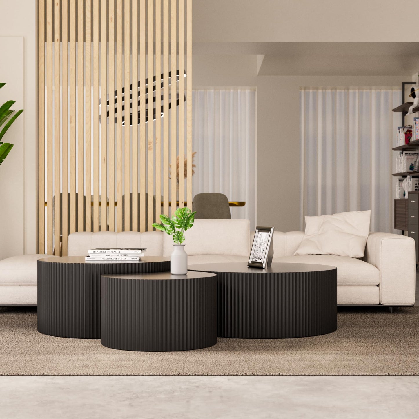 JUSTONE Set of 3 Black Round Coffee Table Set Side Table End Table for Living Room, Drum Round 3 Peice Nesting Coffee Modern Coffee Table for Apartment Office,No Assembly (3PCS,Black)