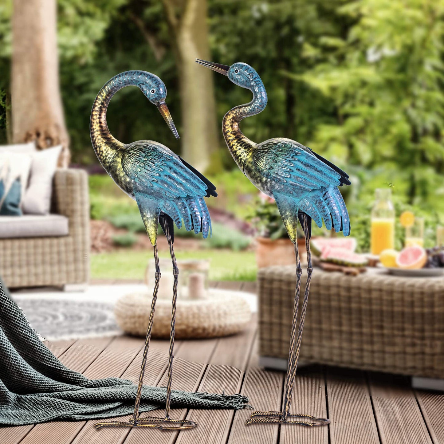 Natelf Garden Crane Statues Outdoor, Standing Blue Heron Decoy Sculptures, Metal Bird Yard Art for Lawn Patio Backyard Decoration(Set of 2)