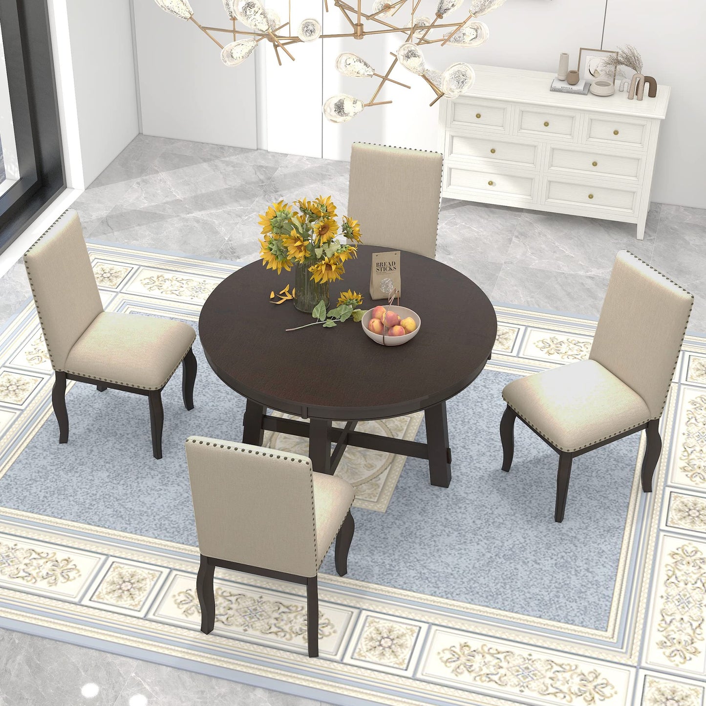 Harper & Bright Designs 5-Piece Farmhouse Extendable Round Dining Table and Upholstered Chair Set, Round Dining Table with Shelf, Wood Dining Table Set for Family Dining Area