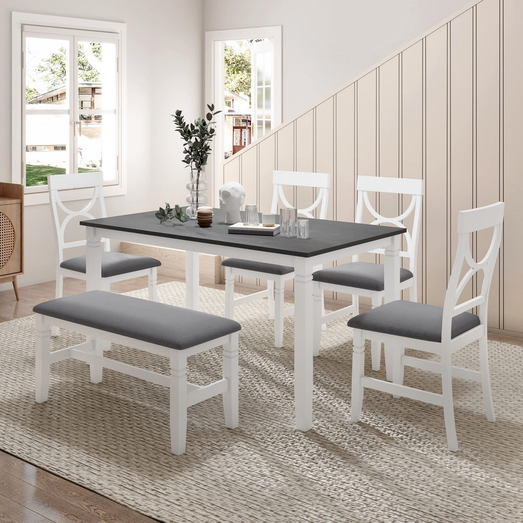 Lostcat Dining Table Set, 6-Piece Wood Kitchen Table Set with Upholstered Bench and 4 Dining Chairs, Farmhouse Style Dining Room Table Set for Kitchen, Living Room, White+Grey