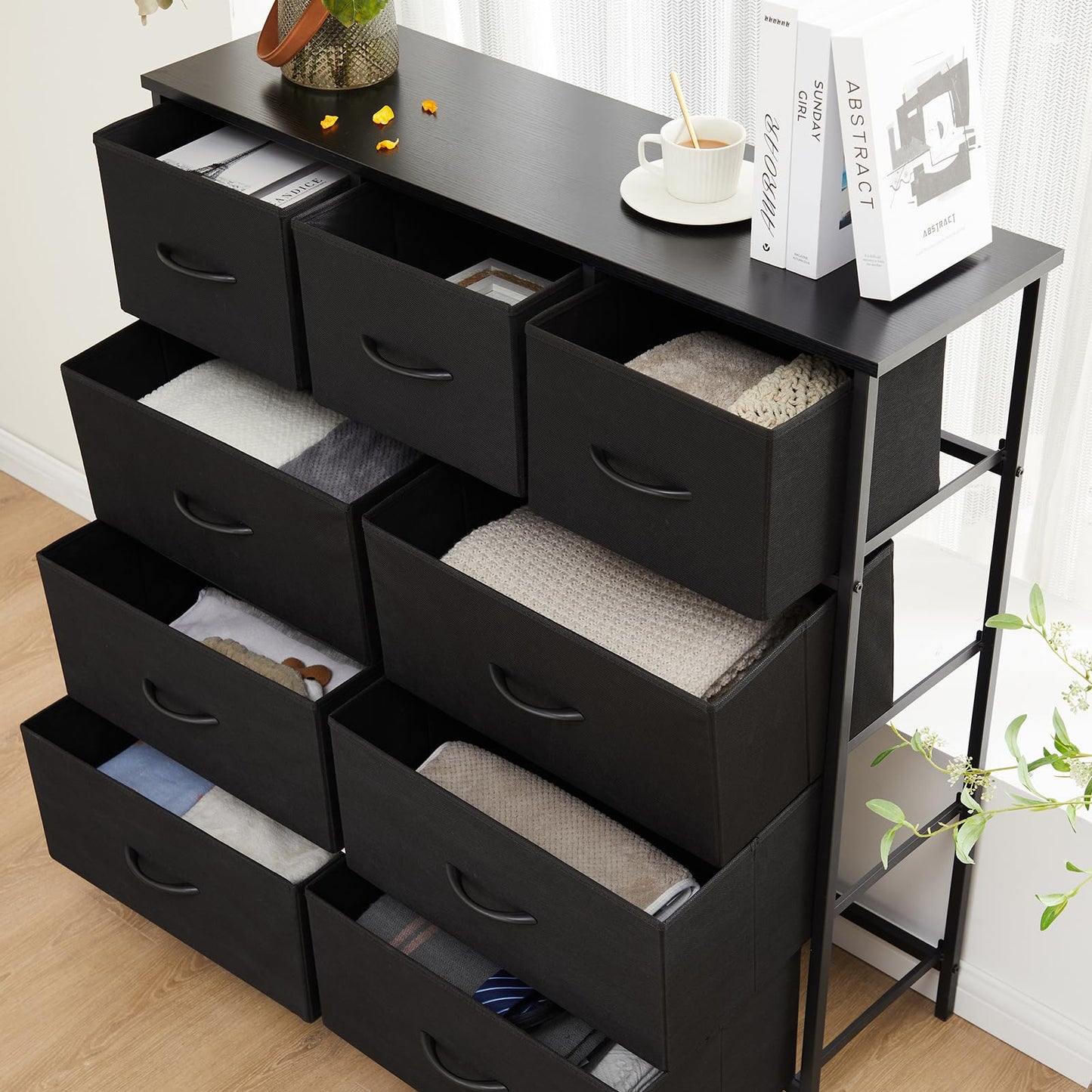 DUMOS Dresser for Bedroom, Storage Organizer with 9 Drawers, Chest of Drawers with Fabric Bins, Sturdy Metal Frame, Wood Tabletop for Guest Room, Closet, Entryway, Black