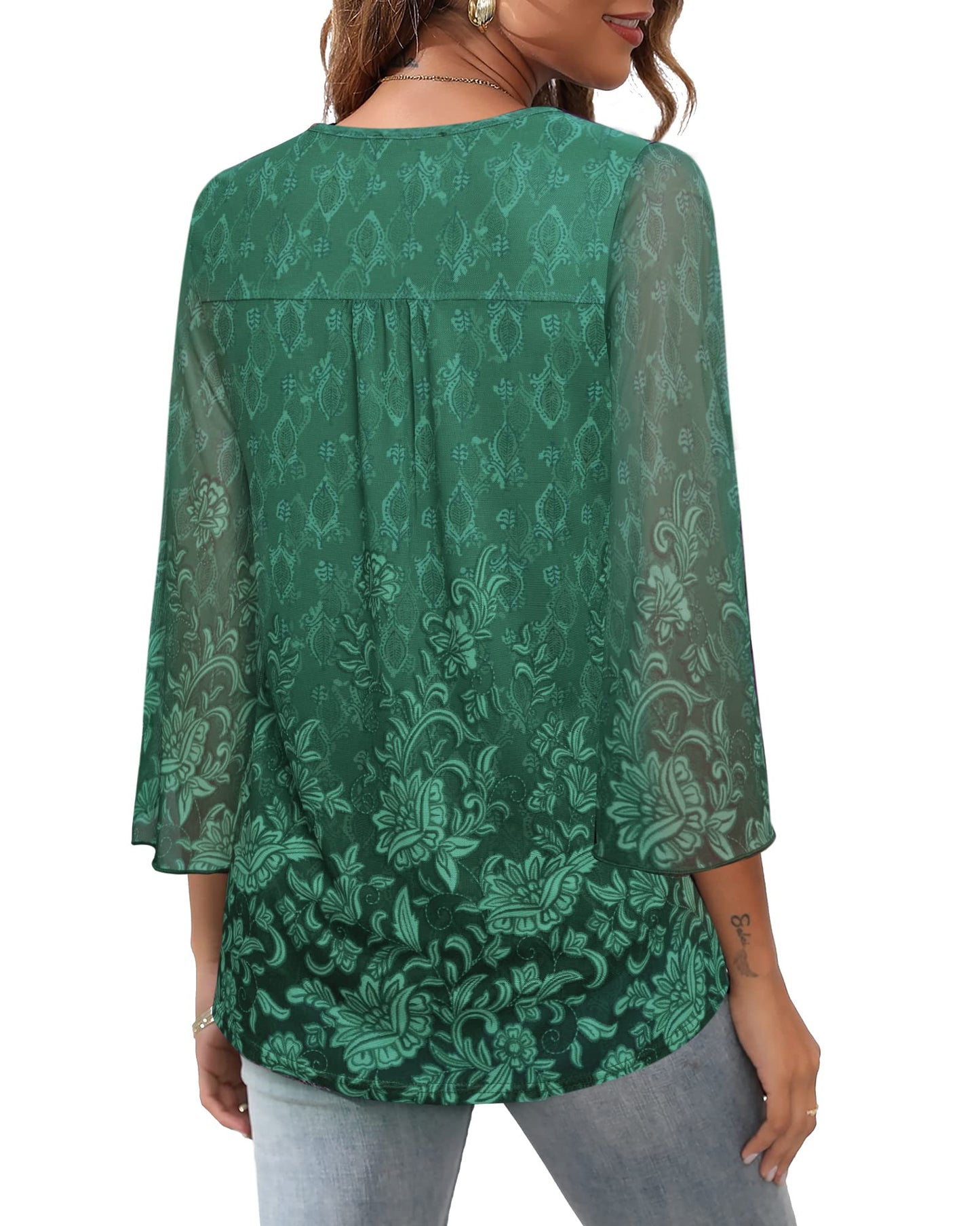 Bebonnie Dressy Tops for Evening Wear & Work - 3/4 Bell Sleeve Business Casual Outfits, Sheer Blouses & Tunic Tops for Leggings - Multi Green L