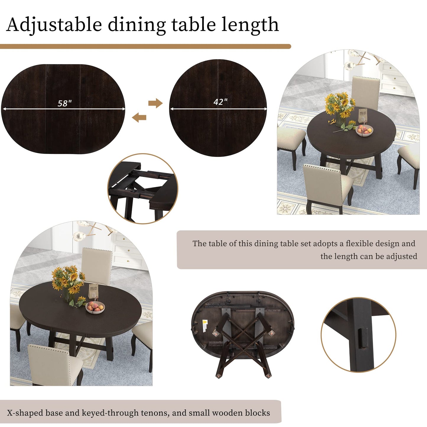 Harper & Bright Designs 5-Piece Farmhouse Extendable Round Dining Table and Upholstered Chair Set, Round Dining Table with Shelf, Wood Dining Table Set for Family Dining Area