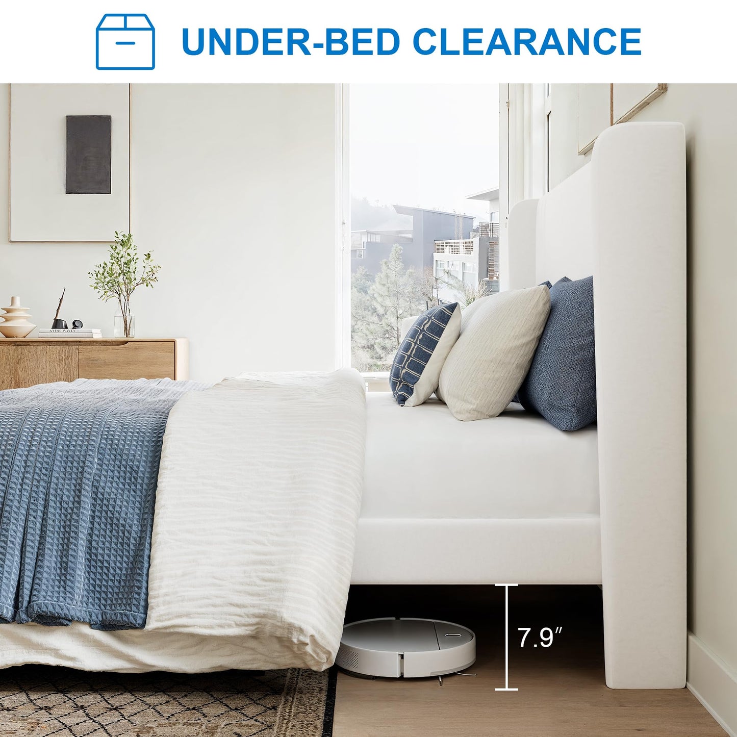 GOLDORO Queen Size Velvet Platform Bed Frame with Vertical Tufted Wingback Headboard, Easy Assembly, Under Bed Storage, No Box Spring Required, Modern Style, White