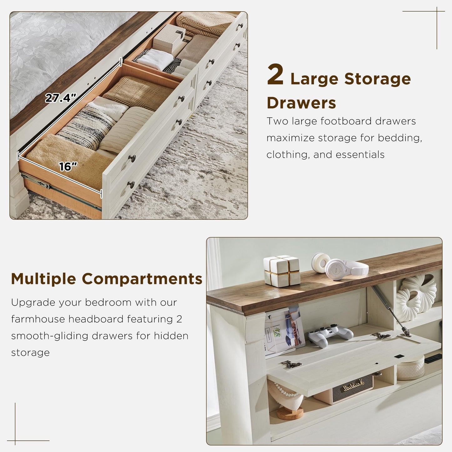 Farmhouse Queen Size Bed Frame with 54" Tall Storage Bookcase Headboard, Wood Platform Bed Frame with 2 Drawers & 18" Tall Roman Column Decoration Footboard, No Box Spring Needed(Antique White)