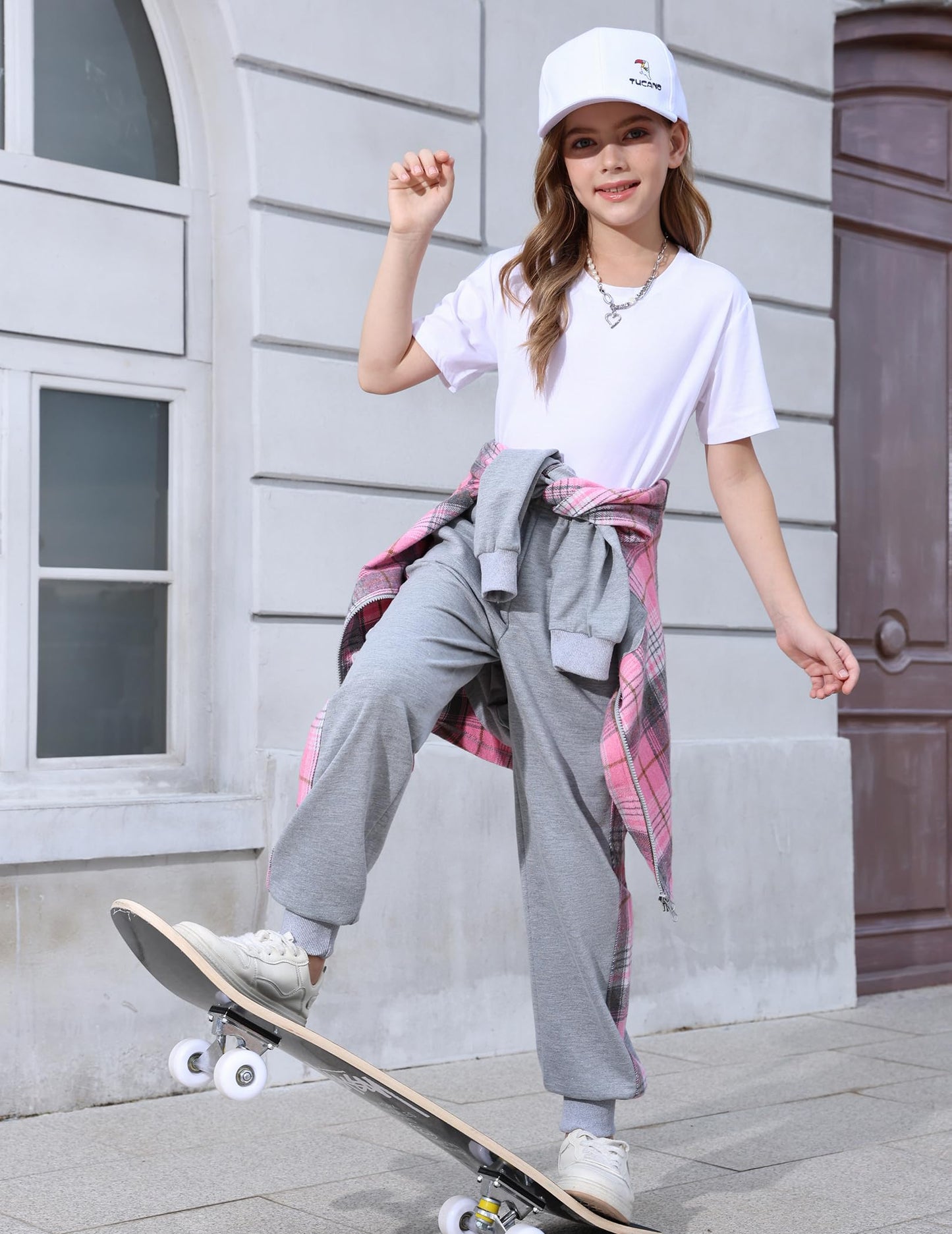 EDFTM Girls Sweatsuit Set Zip Up Cute Plaid Flannel Hoodie and Jogger Pants for Kids Fall Winter Spring Outfits Gray 5-6 Years
