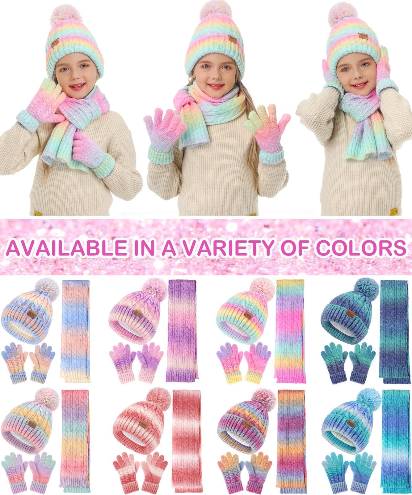 Remifa Kids Winter Hat Scarf Gloves Set, Girls Boys Toddler 8% Wool Warm Fleece Beanie Knit Neck Scarf Mittens Christmas Gift, Macaron, 3-8 Years Old