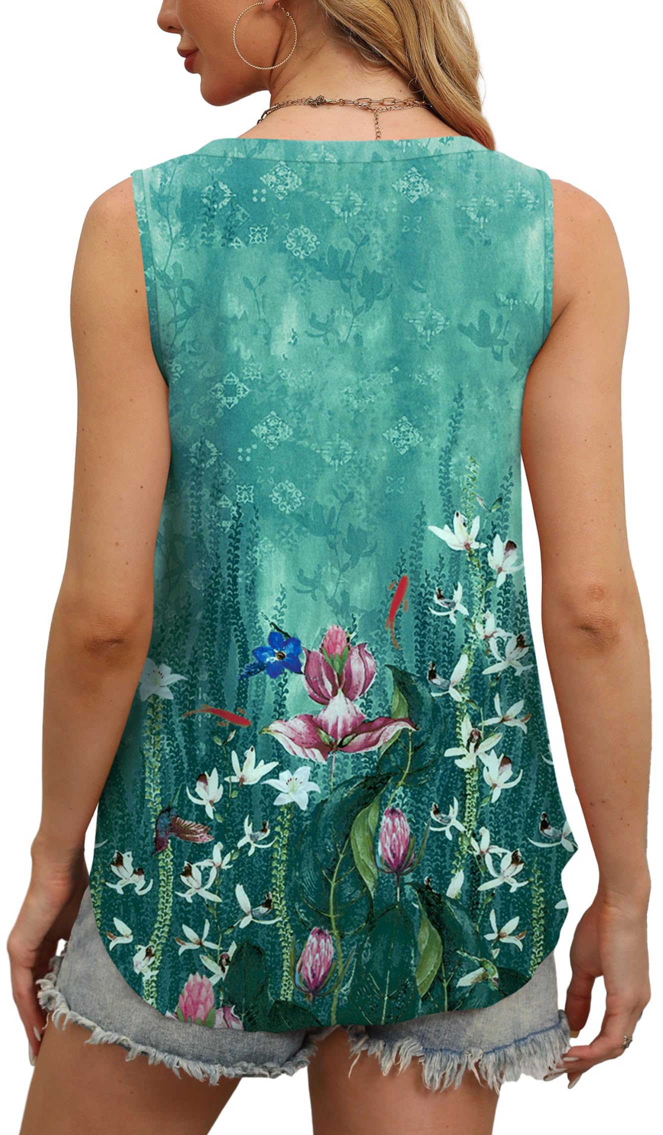 OFEEFAN Womens Summer Tank Tops Womens Tanks Loose Fit Women's Tank Tops Floral Teal XL